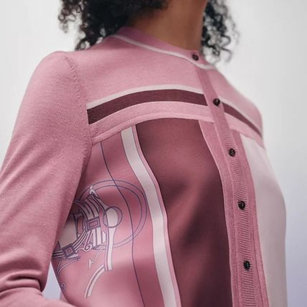Hermes "Ex-Libris" long-sleeve twillaine cardigan Rose Aphrodite(XS, Pink)