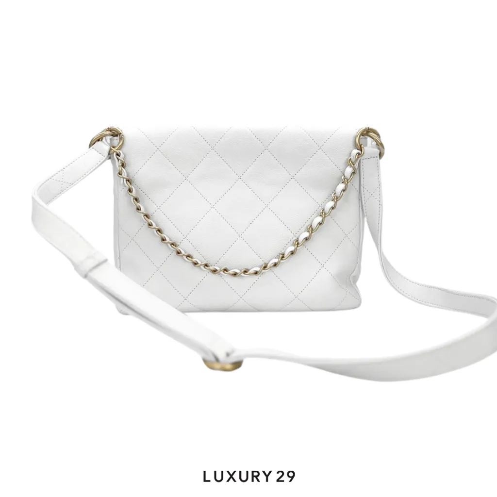 Chanel Grained Calfskin & Gold-Tone Metal White(Small, White)