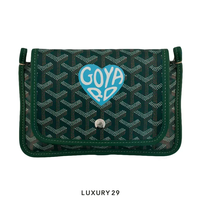 Goyard Plumet Pocket Wallet Green Hand-Painted Heart Blue