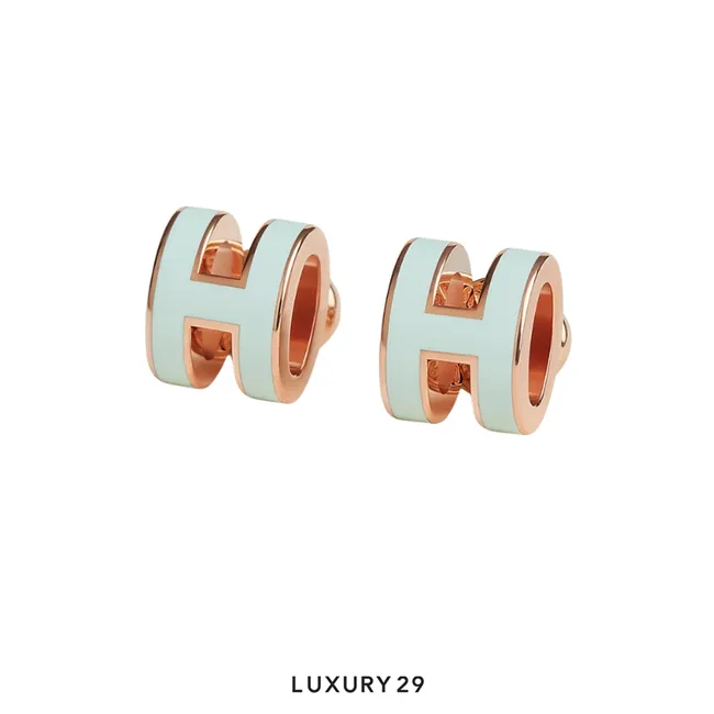 Hermes Mini Pop H earrings Gold Plated Bleu polaire