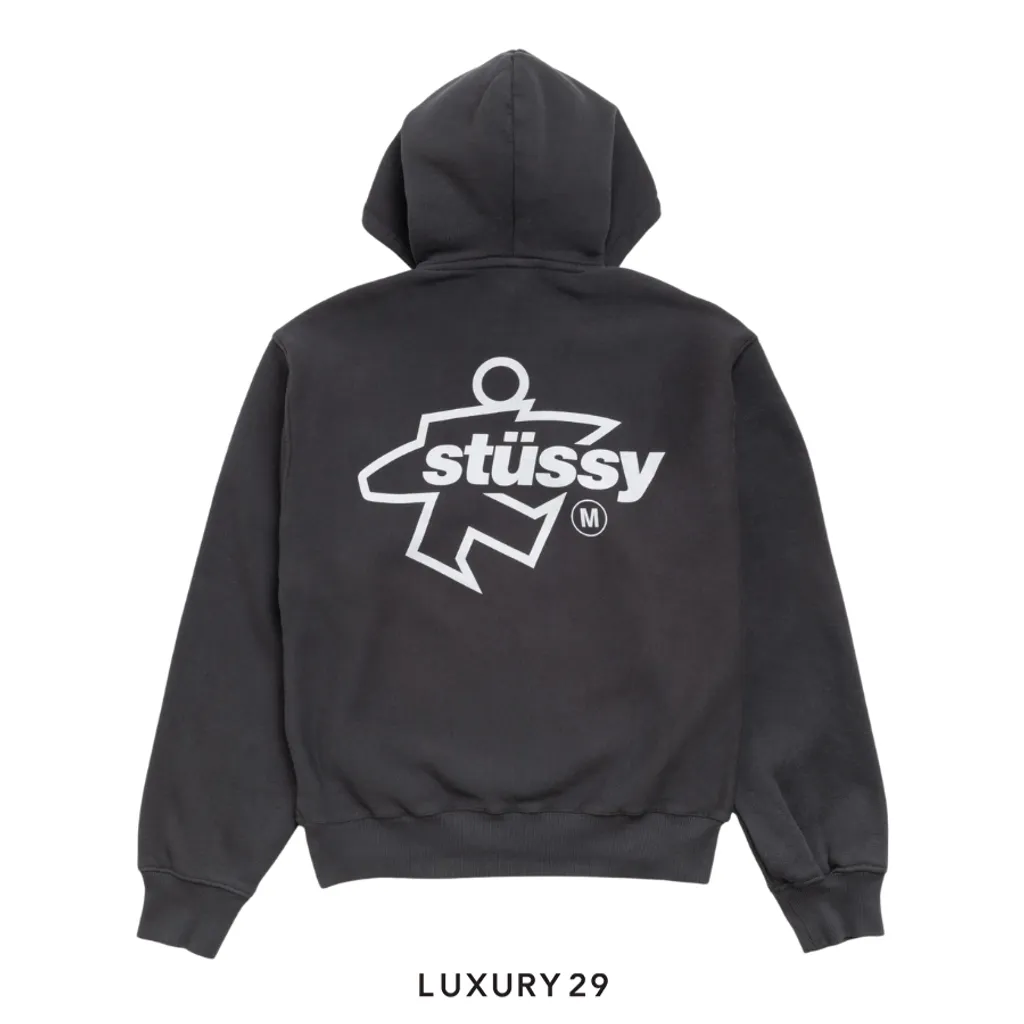 STUSSY SURF SIZE ZIP HOODIE FADED BLACK(L, Black)