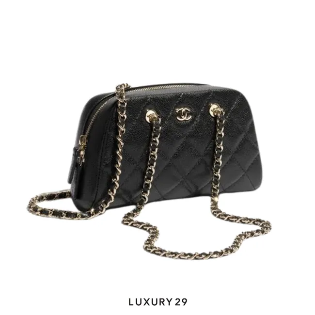 Chanel Mini Bowling Clutch with Chain Straps Black Shiny Caviar Light Gold Hardware