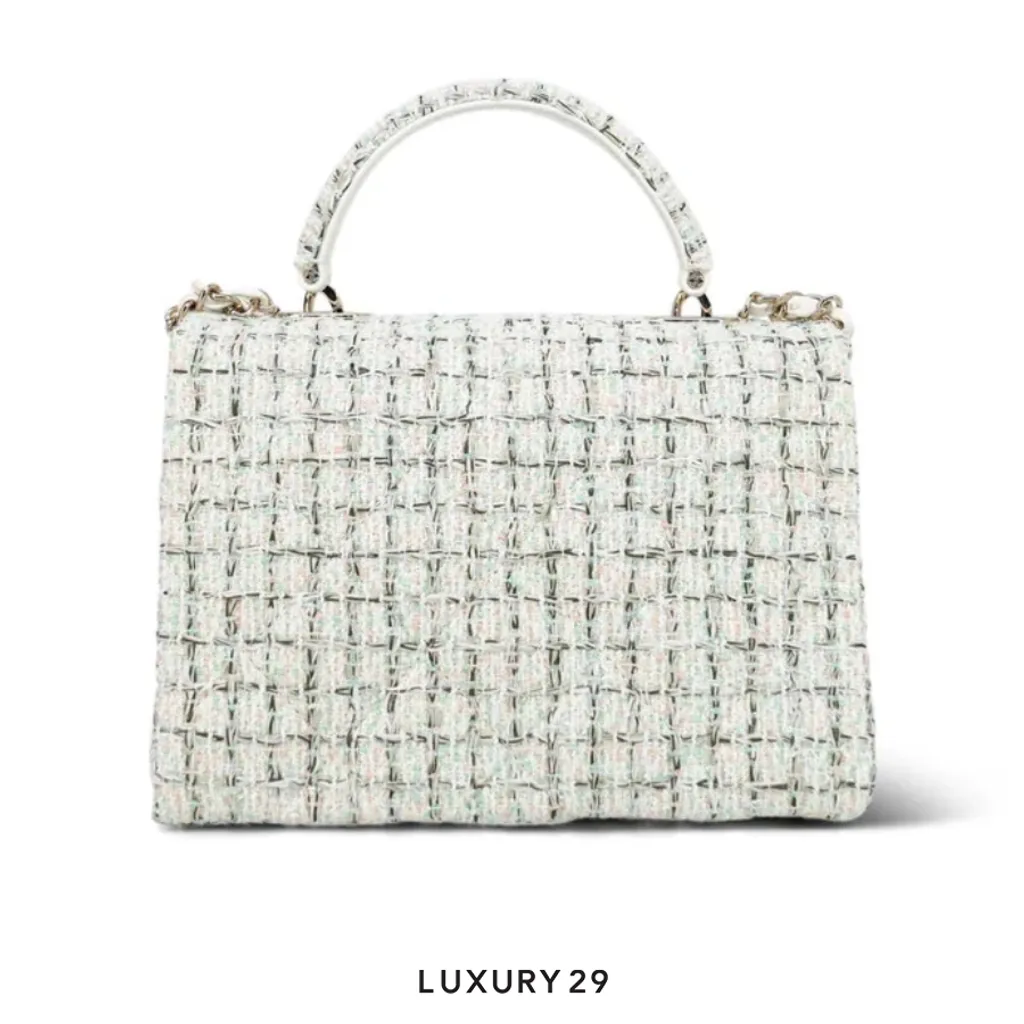 Chanel White/Multicolor Sequin Tweed Quilted Top Handle Flap Bag On Chain(Small, White)