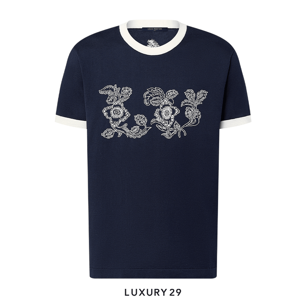 Louis Vuitton LV Graphic Intarsia Short-Sleeved Cotton Crewneck(M, Blue)