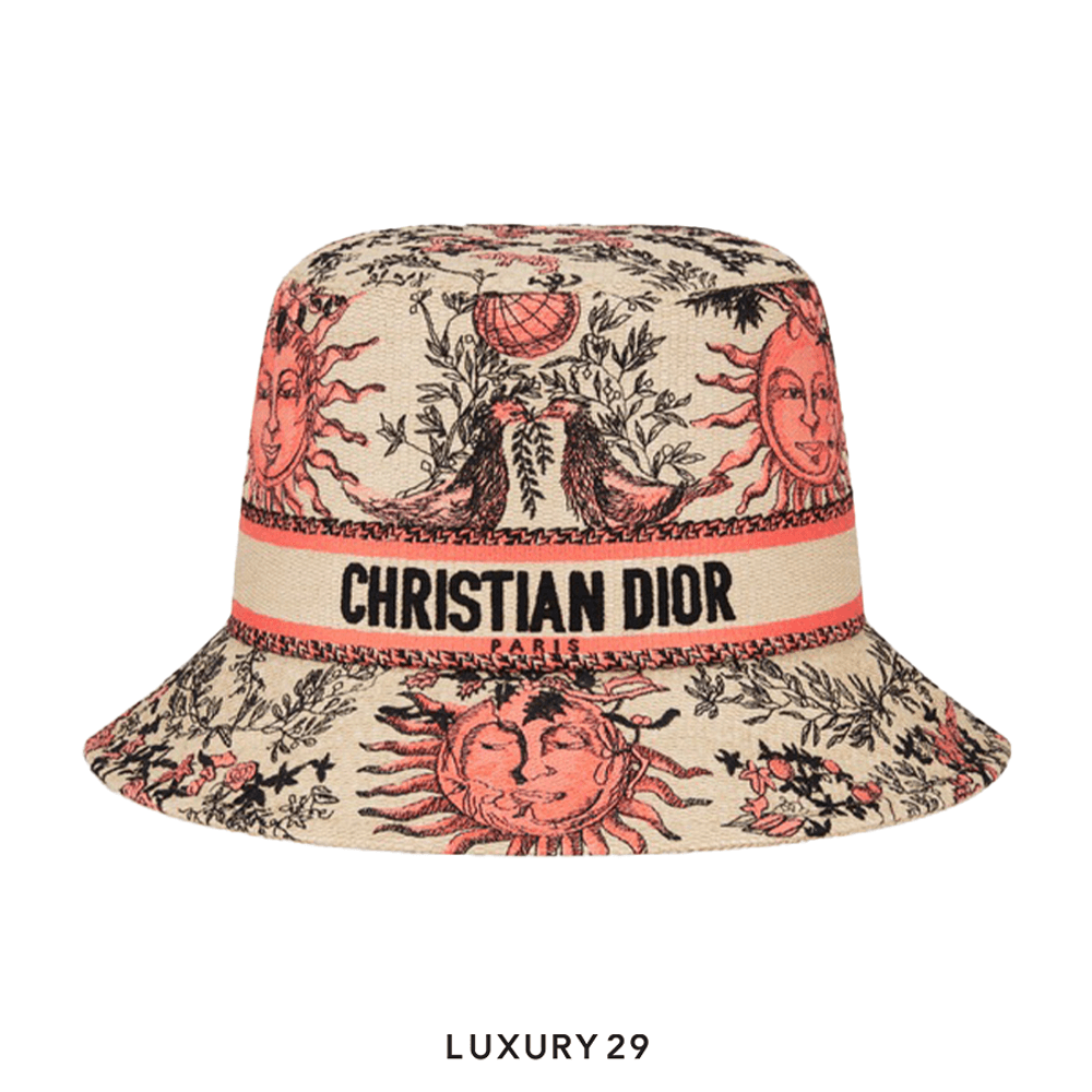 Dioriviera D-Bobby Toile de Jouy Soleil Small Brim Bucket Hat Coral and Beige Embroidery(Free Size, Orange)