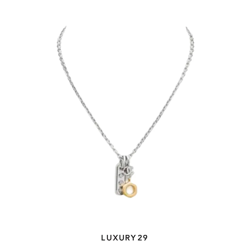 CHANEL Metal Multi-Charm Gold Pendant Necklace Silver(Free Size, Silver)