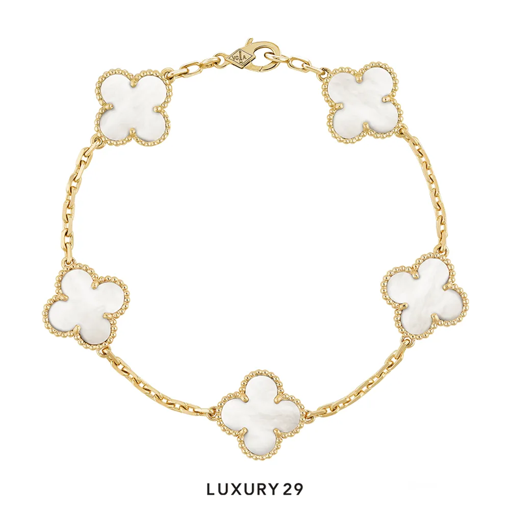Van Cleef & Arpels Vintage Alhambra bracelet, 5 motifs 18K yellow gold, Mother-of-pearl(Free Size, White)
