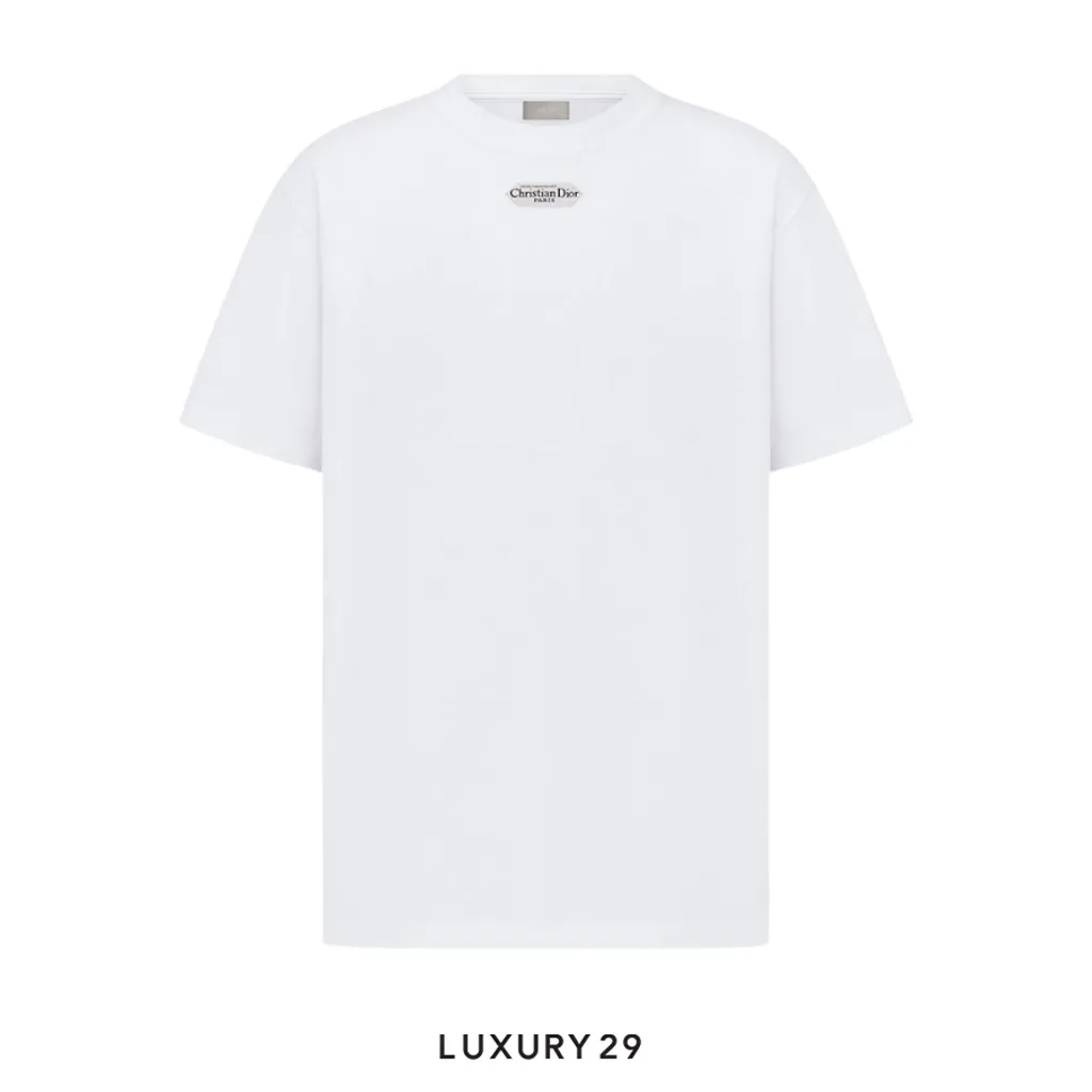 Dior T-Shirt with Christian Dior Paris Tag Relaxed Fit Shiny White Cotton Jersey(L, White)
