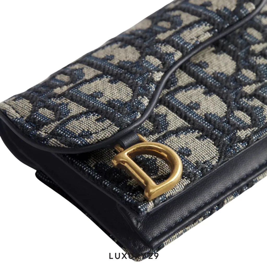 Dior Saddle Bloom Card Holder Oblique patterned jacquard fabric in blue(Mini, Blue)