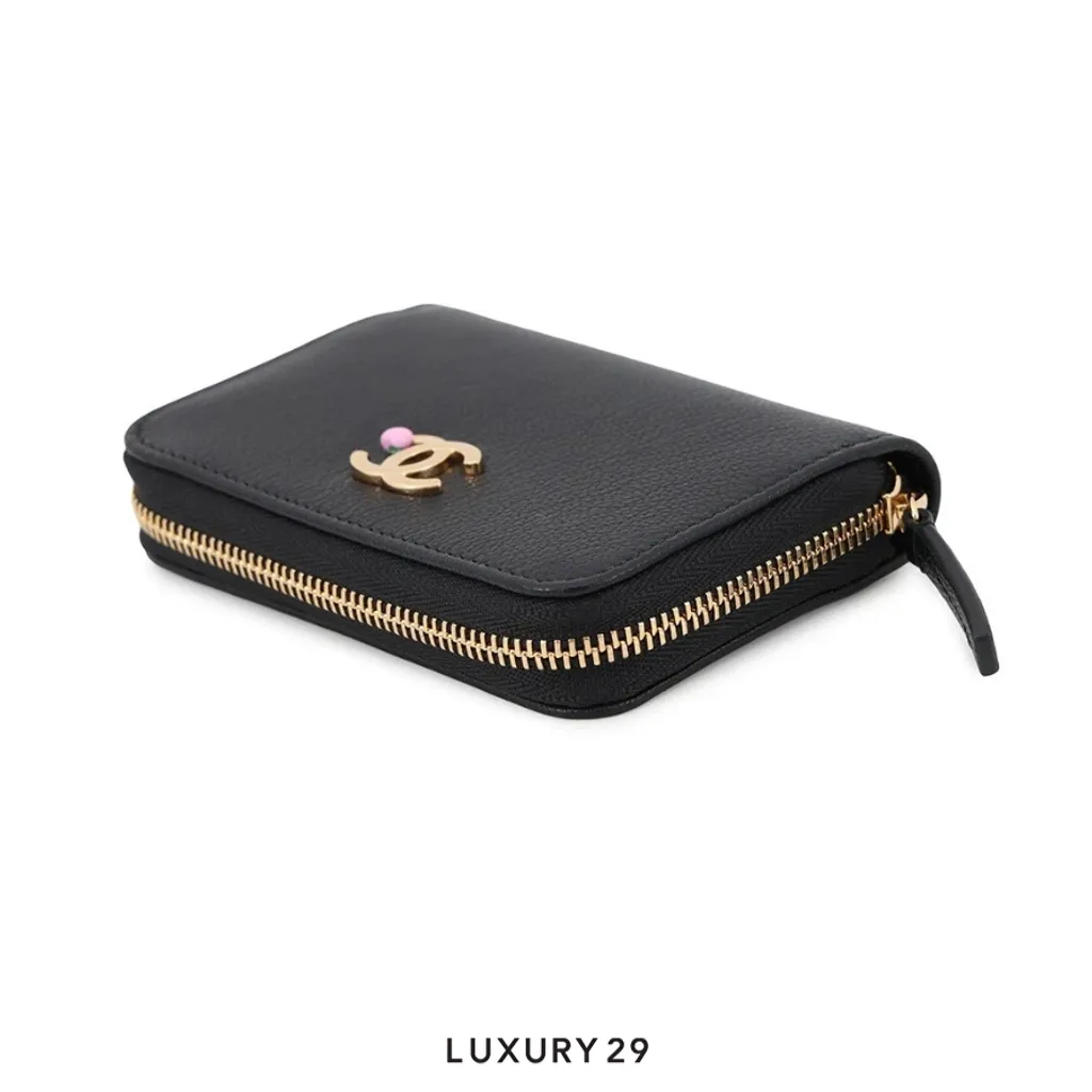 Chanel CC Logo Apple Motif Zip Coin Purse Grained Goatskin Leather Black(Small, Black)