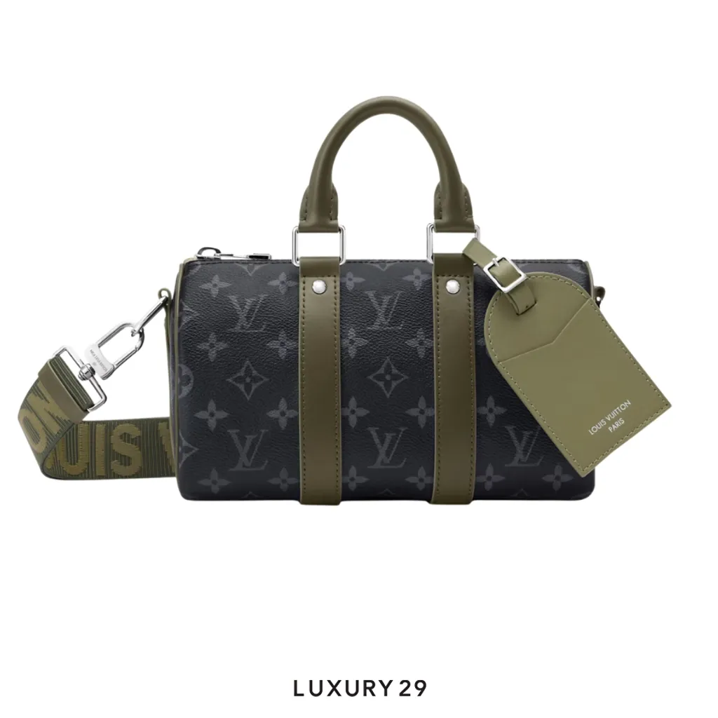 Louis Vuitton LV Keepall Bandouliere 25 bag Monogram Eclipse Canvas khaki green(Small, Green)