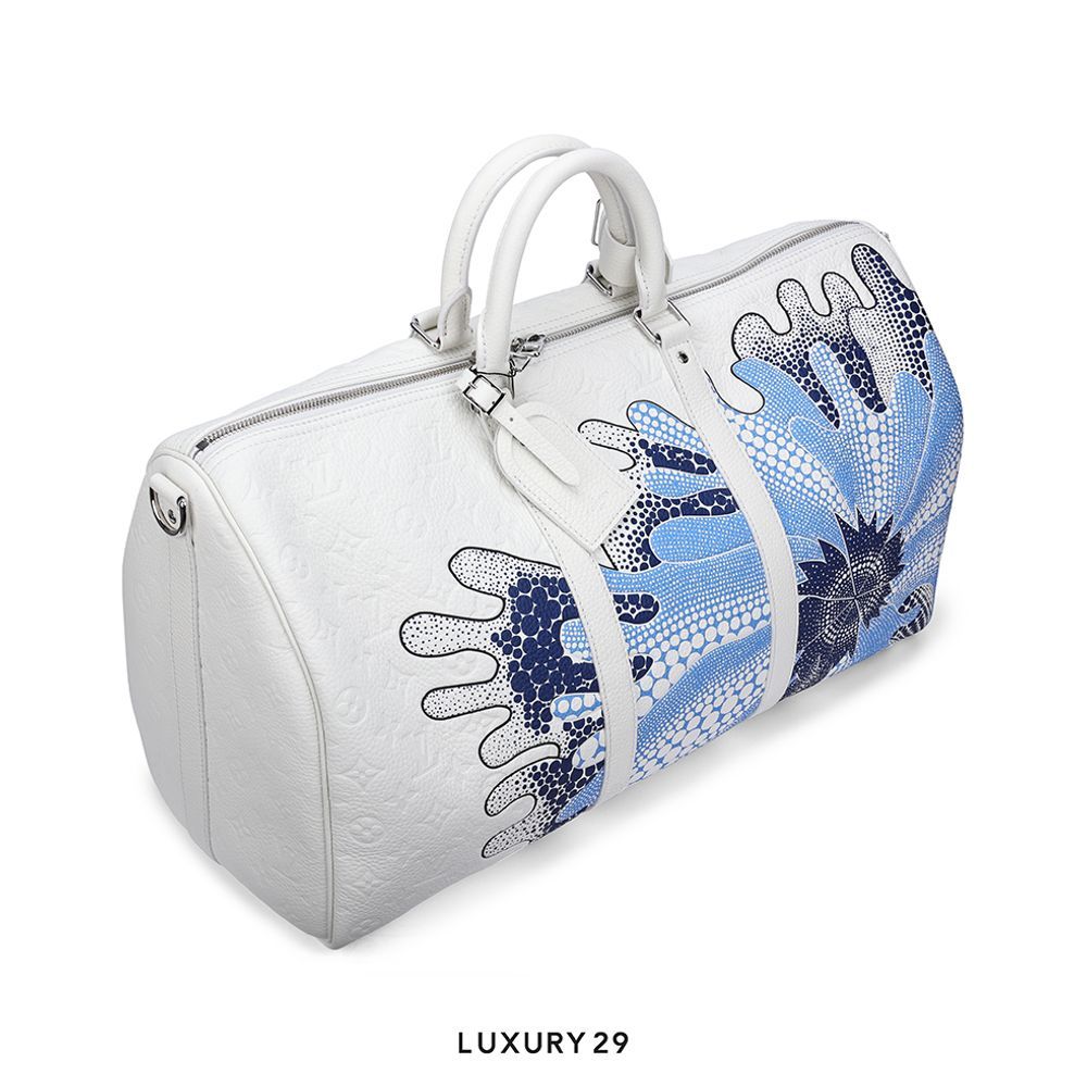 Louis Vuitton LV x YK Keepall Bandouliere 50 Bag White Taurillon Monogram cowhide leather with Psychedelic Flower print(Medium, White)