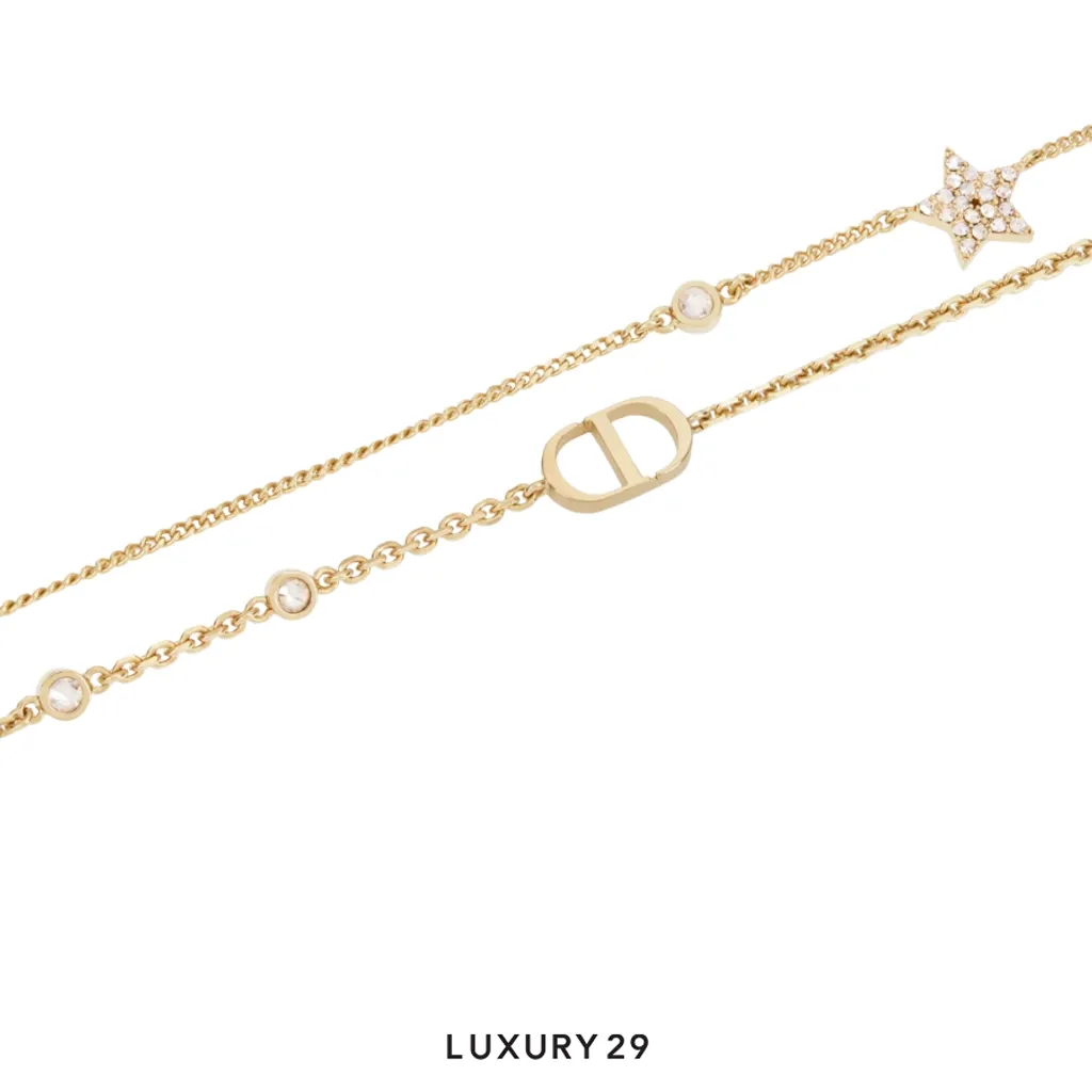 Dior Petit CD Double Necklace Gold-Finish Metal and White Crystals(Free Size, Gold)