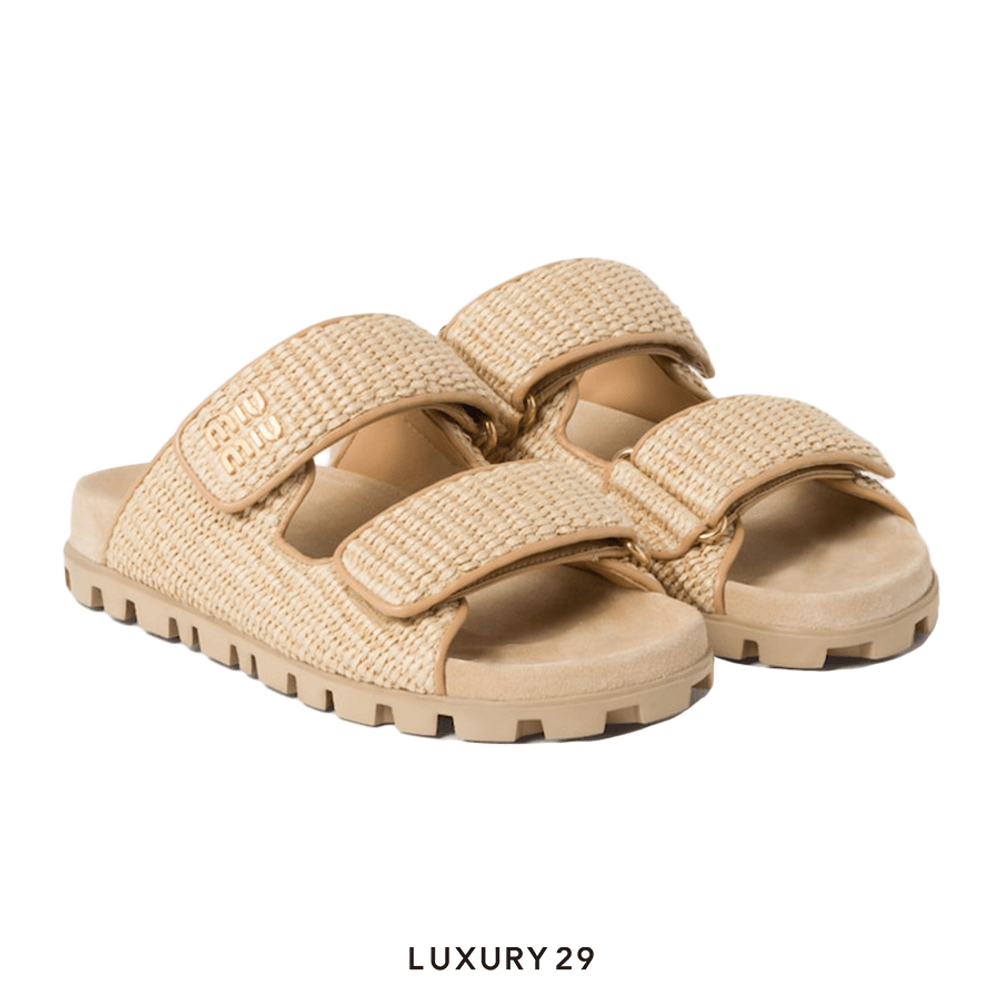 Miu Miu Sporty raffia-effect woven fabric sandals(39, Neutrals)
