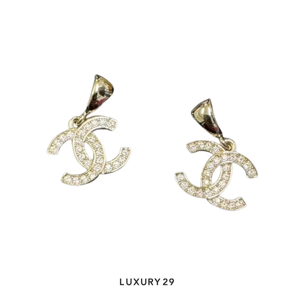Chanel CC logo earrings featuring crystal or diamond accents(Free Size, Gold)