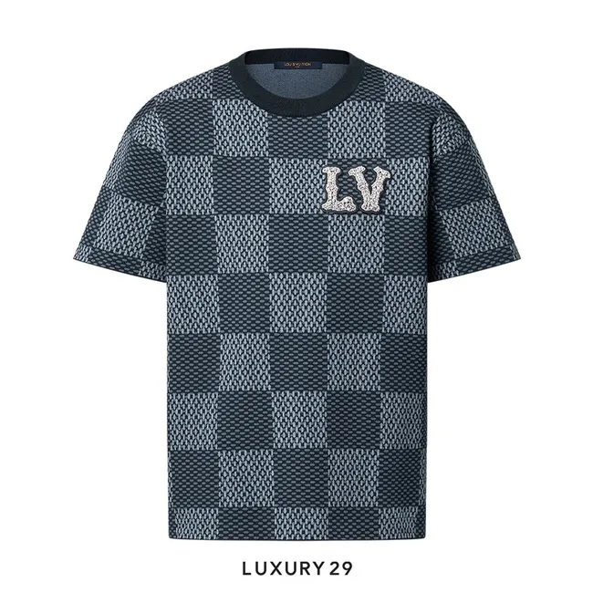 Louis Vuitton LV Damier Short-Sleeved Crewneck With LV Crystal Patch Indigo Blue