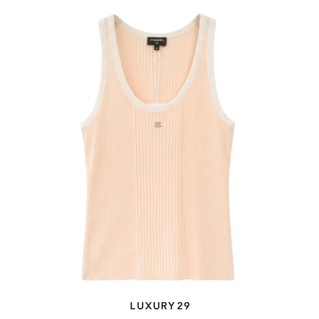 Chanel Coco Beach tank top in a light peach or beige color with Gold and Crytal CC logo(XS, Neutrals)