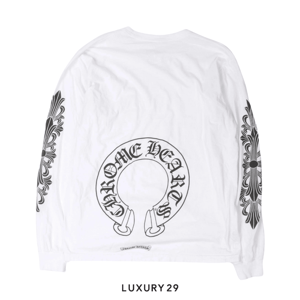 Chrome Hearts Horseshoe Logo Floral Long Sleeve Pocket T-Shirt(L, White)