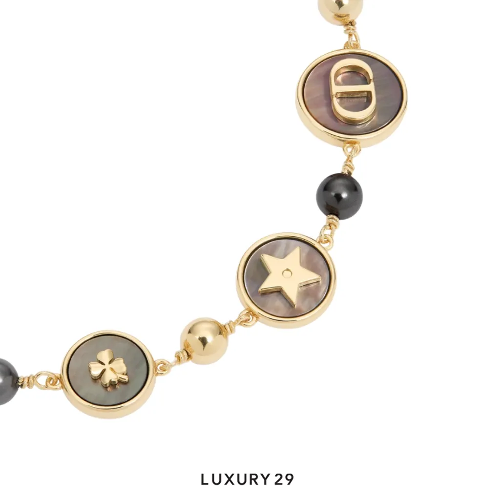 Dior D-Luck Bracelet Gold-Finish Metal, Deep Gray Resin Pearls and Tahiti Mother-of-Pearl(Free Size, Gold)
