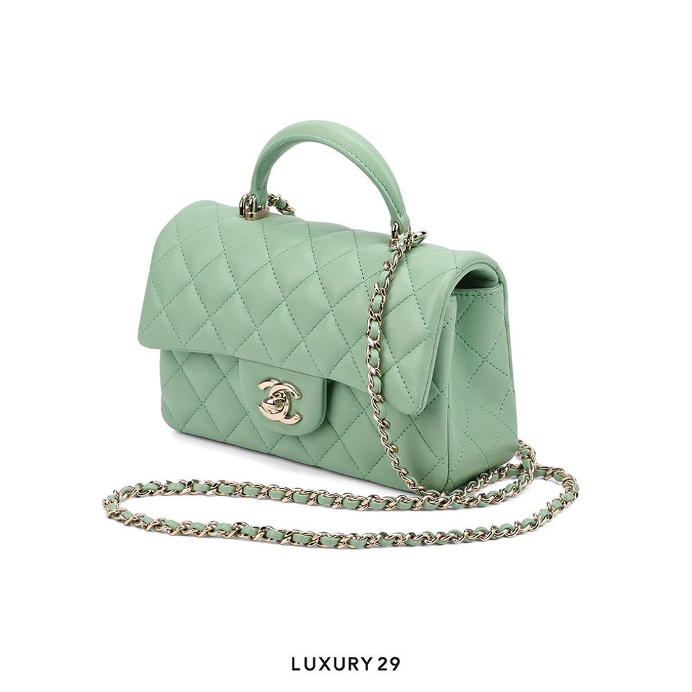 Chanel Mini Flap Bag Top Handle Lambskin Mint Green Champagne Hardware(Mini, Green)