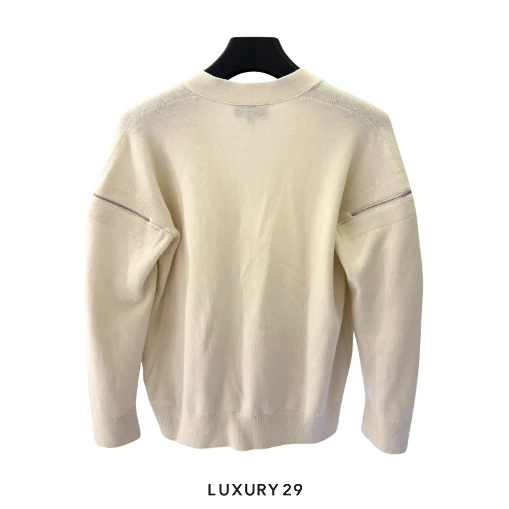 Chanel white knit cardigan V-neck front pockets with snap button closures and zipper accents on the shoulders/sleeves(S, White)