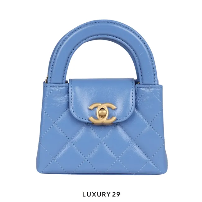 Chanel Micro Shopping Bag In Shiny Aged Calfskin With Gold-Tone Light Blue