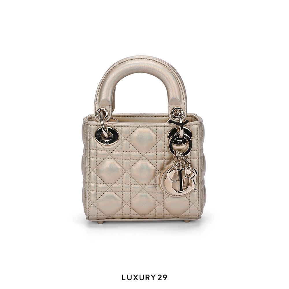 Dior Or Lady Dior Micro Bag Iridescent Metallic Gold-Tone Cannage Lambskin(Mini, Gold)