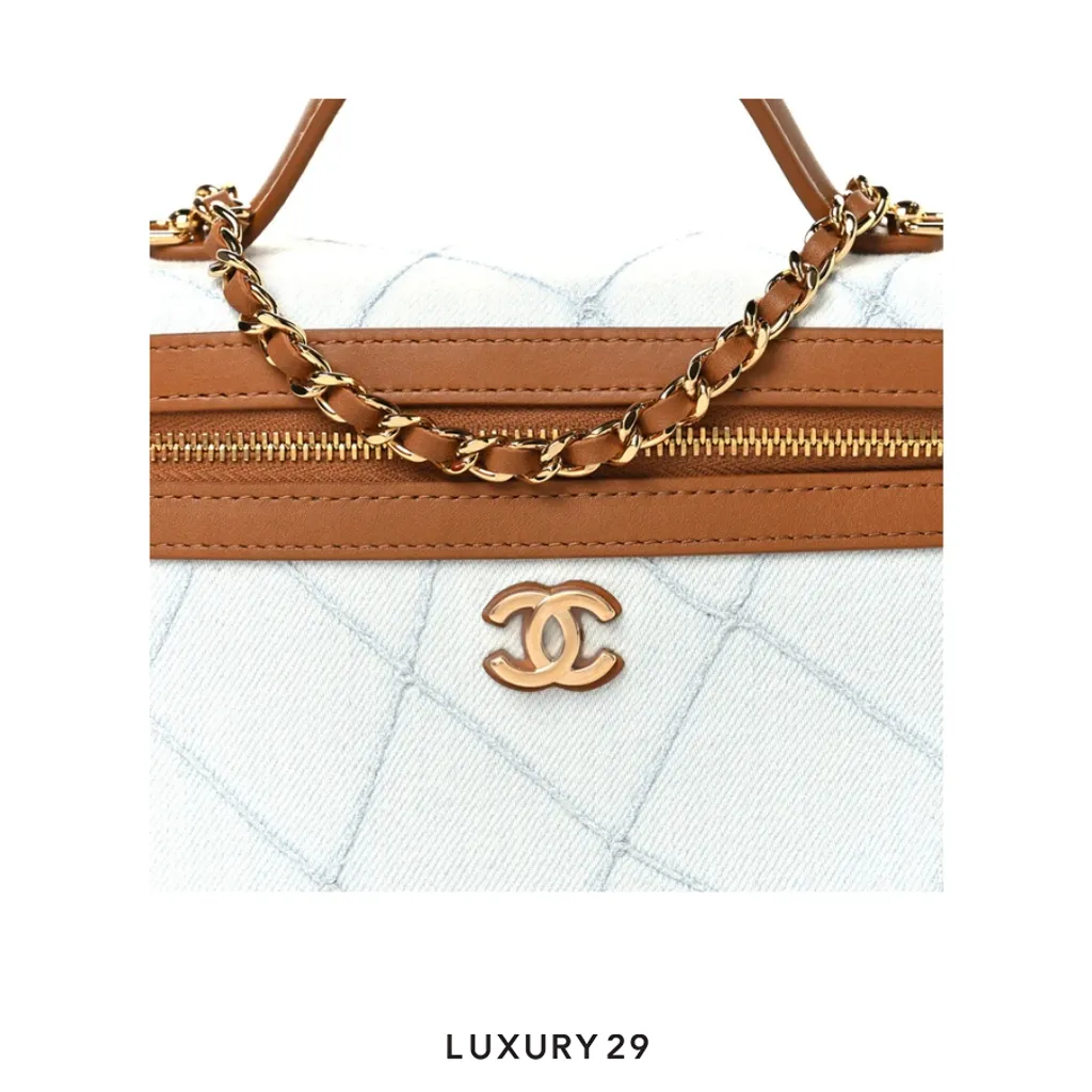Chanel Washed Denim Calfskin Quilted Top Handle Slim Vanity Case With Chain Blue Brown(Small, Blue)