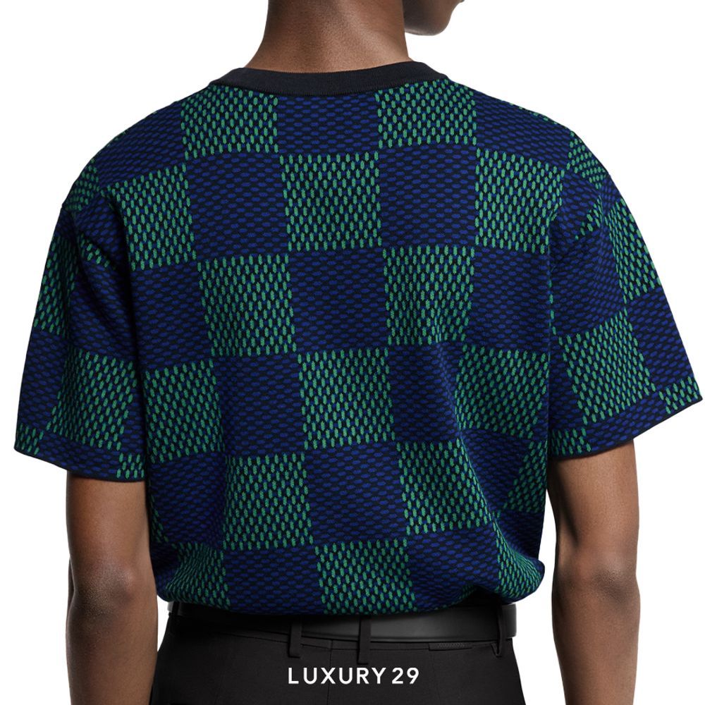 Louis Vuitton LV Jacquard Damier Short-Sleeved Cotton Crewneck Clematis Blue(S, Green)