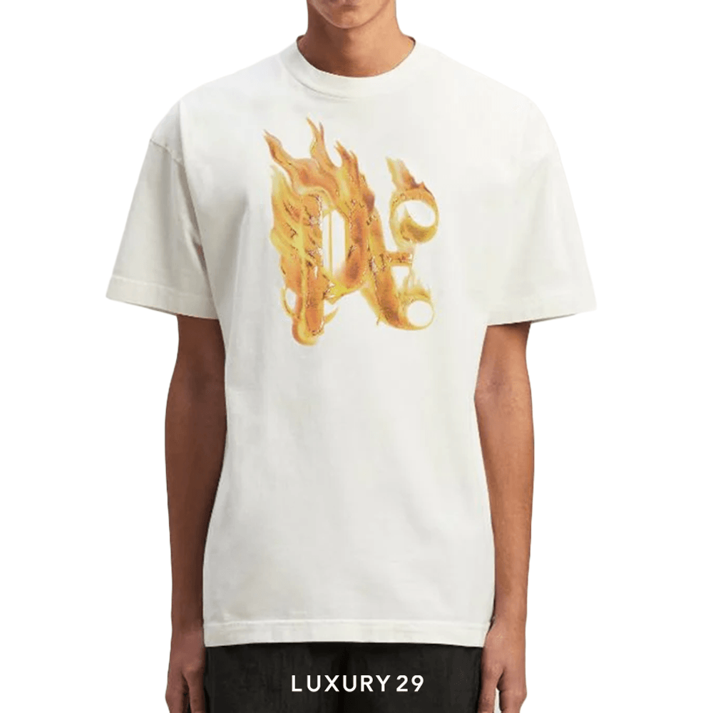 Palm Angels BURNING MONOGRAM T-SHIRT OFF WHITE GOLD(M, White)