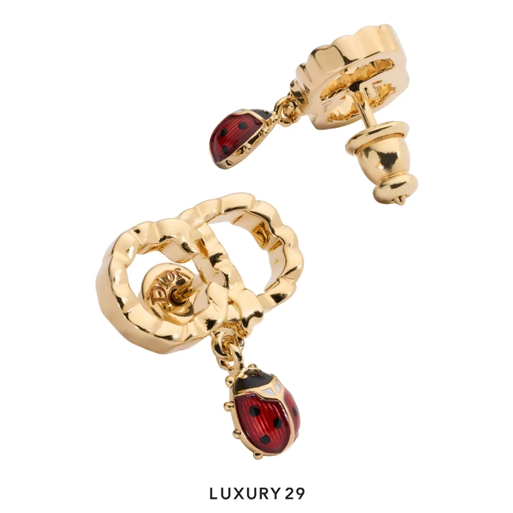 Dior CD Lady Twist Earrings, Qixi model Gold-plated metal decorated with red and black enamel(Free Size, Gold)