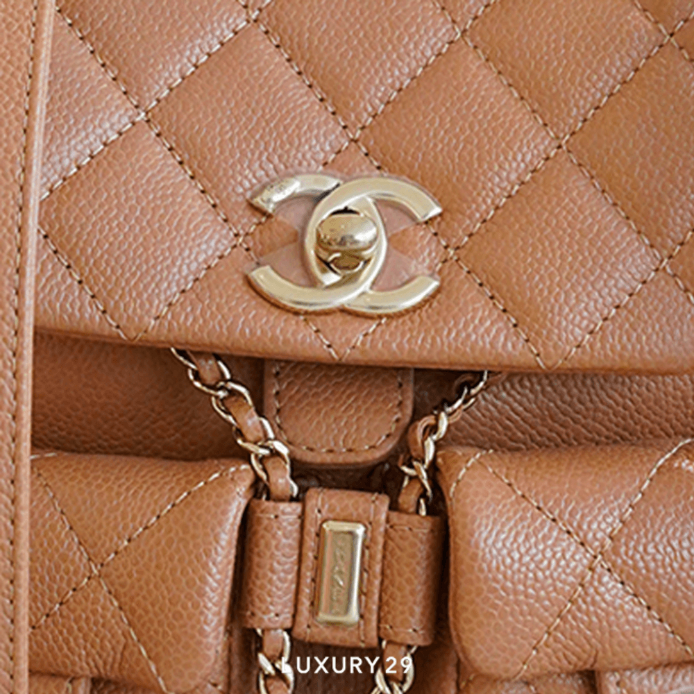 Chanel Small Backpack Grained Shiny Calfskin & Gold-Tone Metal Tan(Small, Brown)