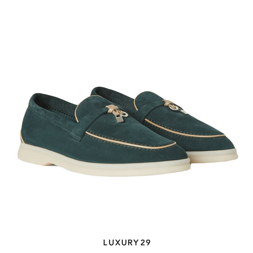 Loro Piana Summer Charms Walk Loafers Suede Goatskin Emerald Noire(36.5, Green)