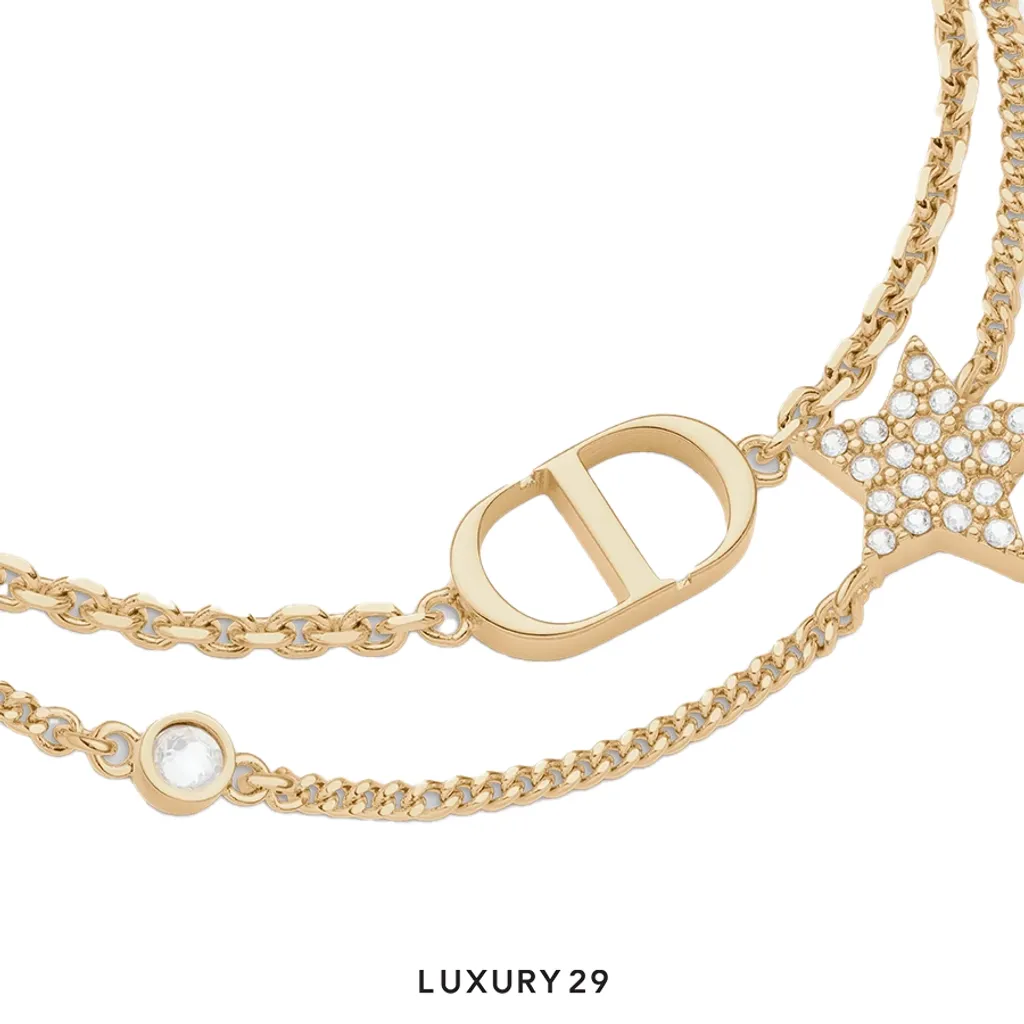 Dior Petit CD Double Bracelet Gold-Finish Metal and White Crystals(Free Size, Gold)