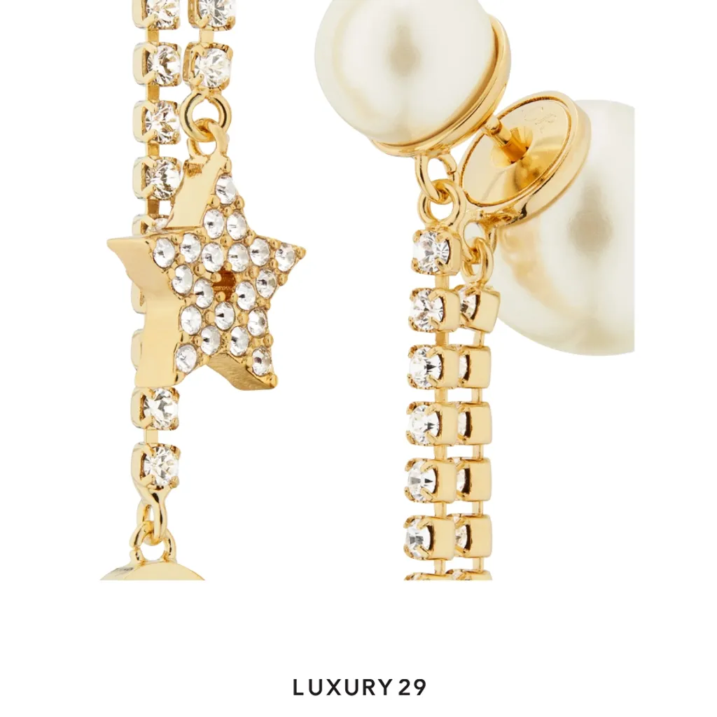 Dior Tribales Earrings Gold-Finish Metal with White Resin Pearls and Silver-Tone Crystals(Free Size, Gold)