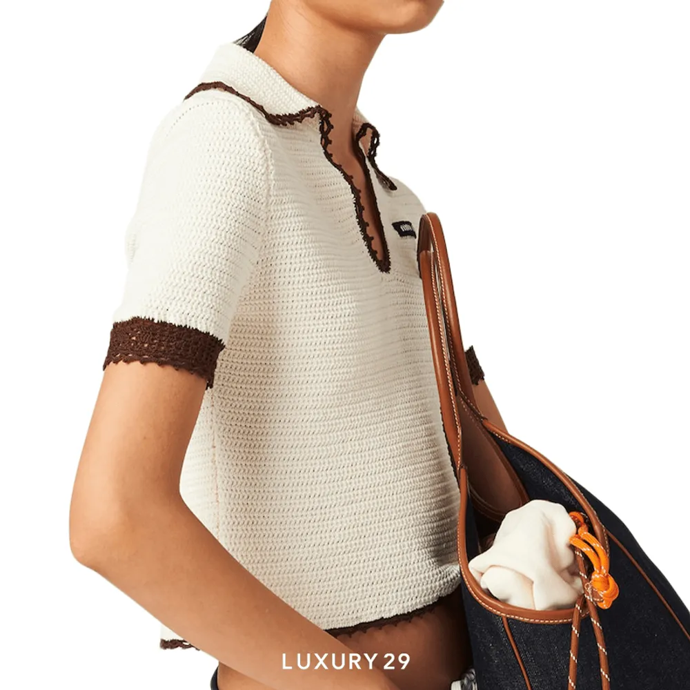 MIU MIU Crocheted cotton polo shirt Ivory/Cocoa Brown(2XS, Neutrals)