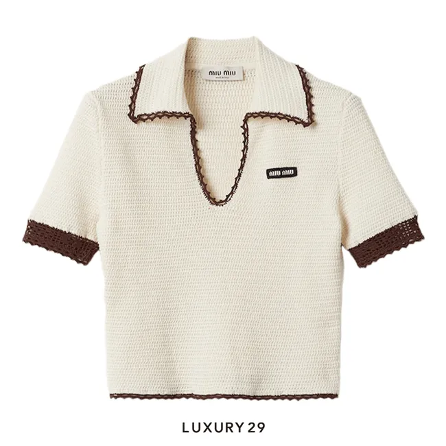MIU MIU Crocheted cotton polo shirt Ivory/Cocoa Brown