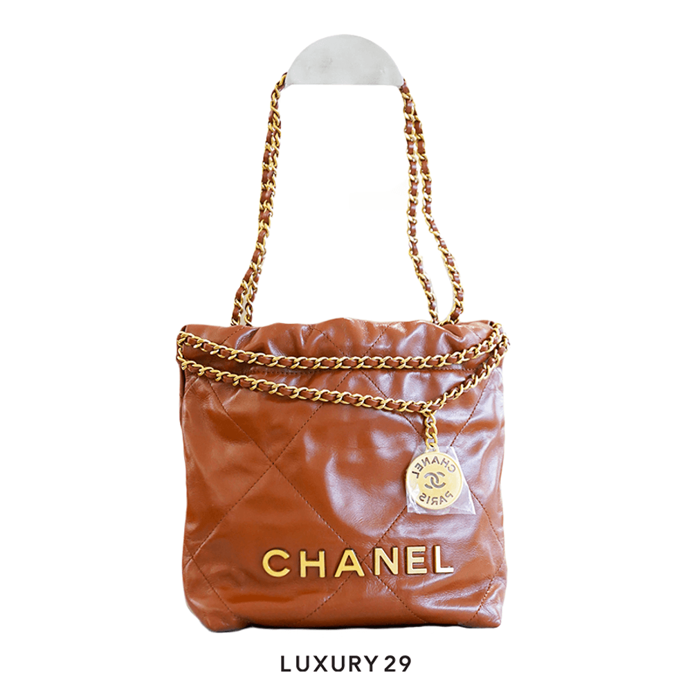 Chanel 22 Mini Handbag Shiny Calfskin & Gold-Tone Metal Caramel(Mini, Brown)