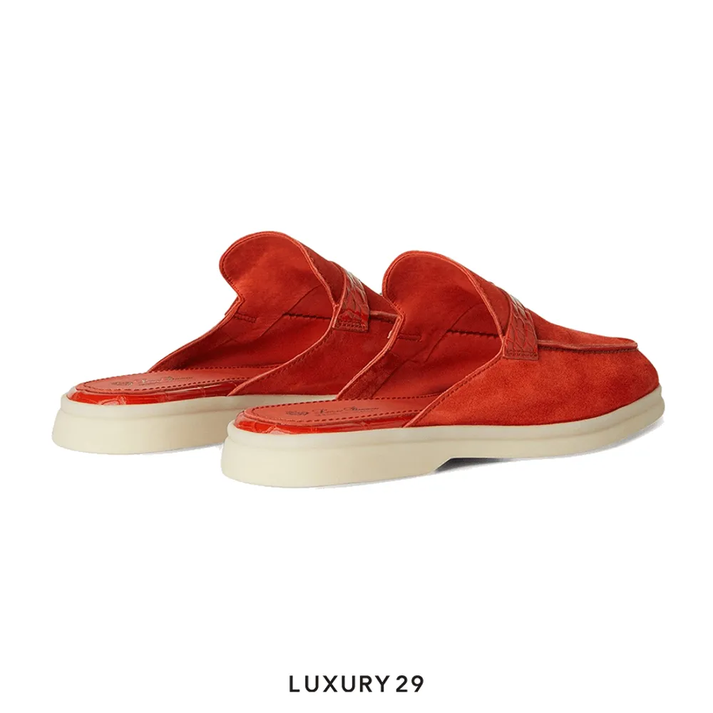 Loro Piana Nautical Charms Walk Babouche Loafers Suede Orange Flame(39, Orange)