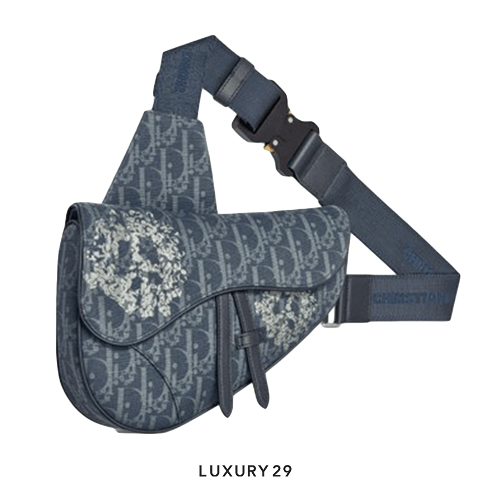 Dior TEARS Saddle Bag Blue Dior Oblique and Peace Sign Dior Tears Denim(Small, Blue)