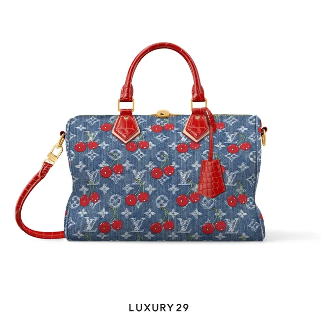 Louis Vuitton LV x TM Speedy Soft 30 Bag Monogram jeans with cherries Blue  Crocodile leather handle