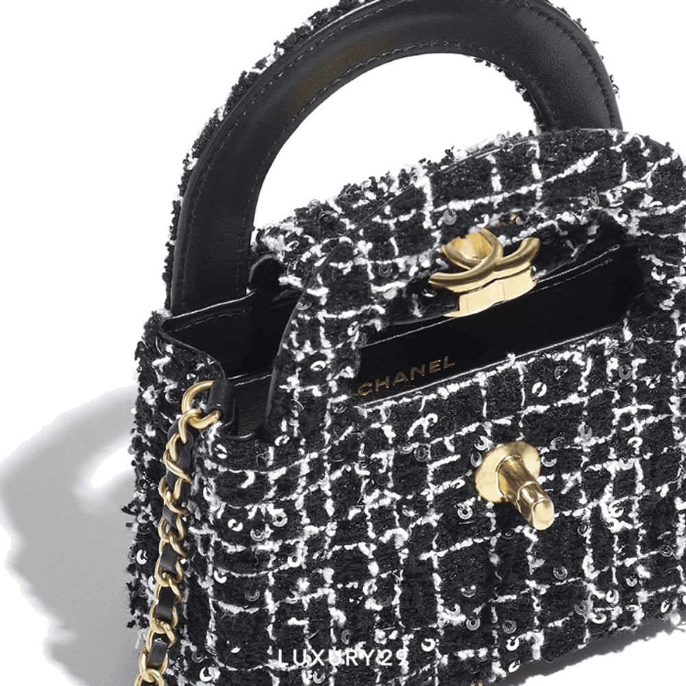 Chanel Micro Shopping bag Embroidered Tweed Black&White Gold Hardware(Mini, Black)