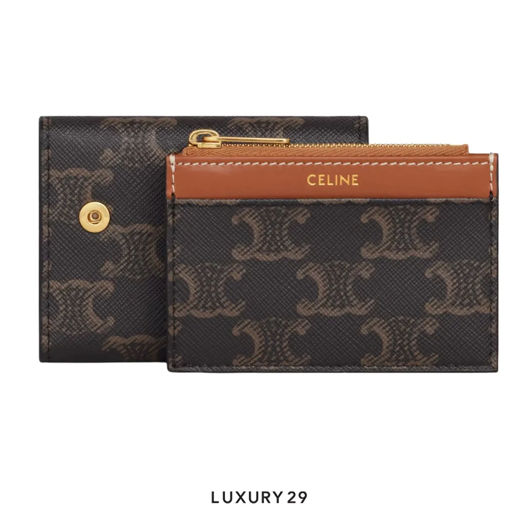 Celine TRIOMPHE wallet with small coin compartment Triomphe canvas Tan(Mini, Brown)