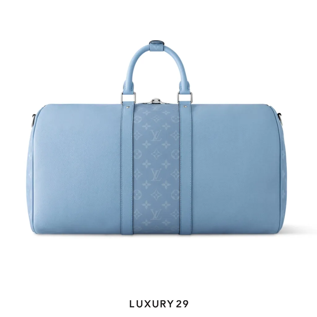 Louis Vuitton LV Keepall Bandouliere 50 Monogram coated canvas and Taiga cowhide leather Sky blue(Medium, Blue)