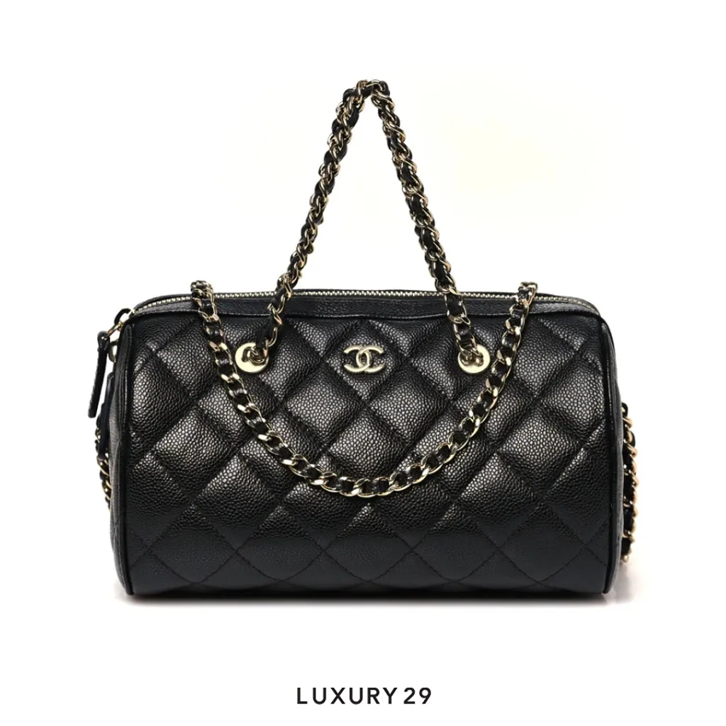 Chanel Caviar Quilted Barrel Clutch With Chain Black(Small, Black)