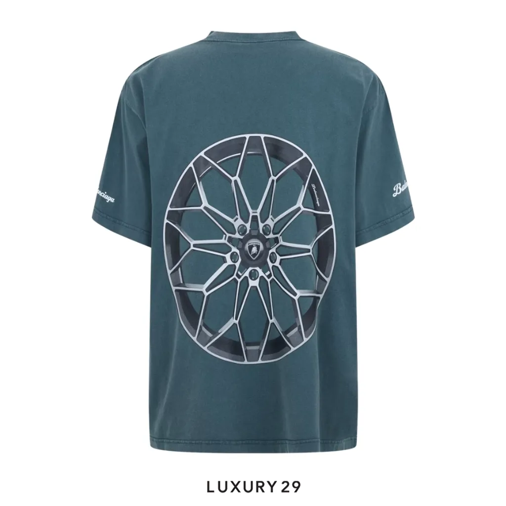 Balenciaga LAMBORGHINI Oversized Print Cotton-Jersey T-Shirt Navy Blue(M, Blue)