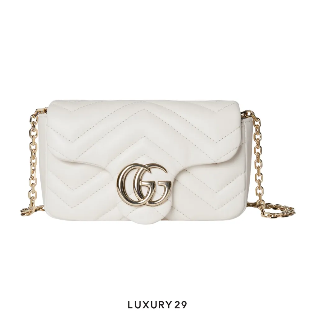 Gucci GG Marmont mini shoulder bag White matelasse chevron lambskin leather Double G Logo Gold Hardware White(Mini, White)