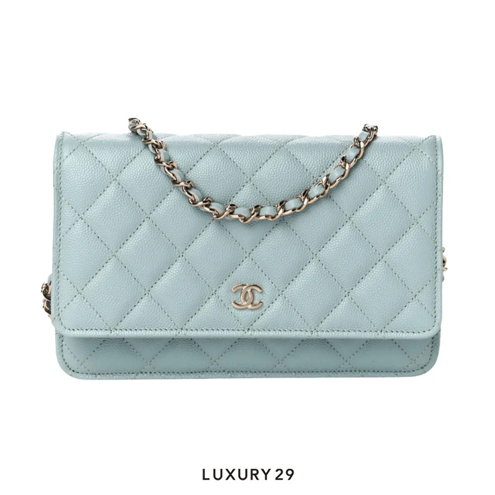 Chanel Wallet On Chain WOC In Grained Calfskin With Light Gold-Tone Metal Light Blue(Small, Blue)