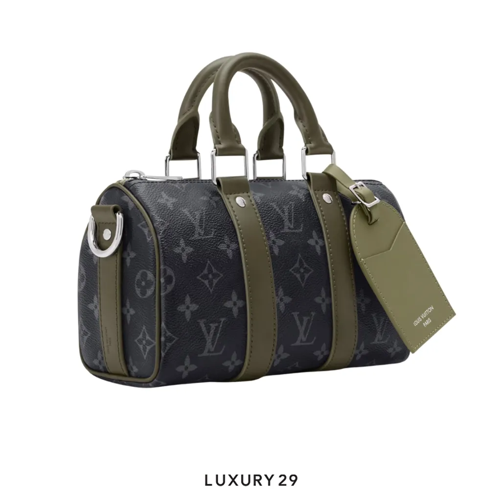 Louis Vuitton LV Keepall Bandouliere 25 bag Monogram Eclipse Canvas khaki green(Small, Green)