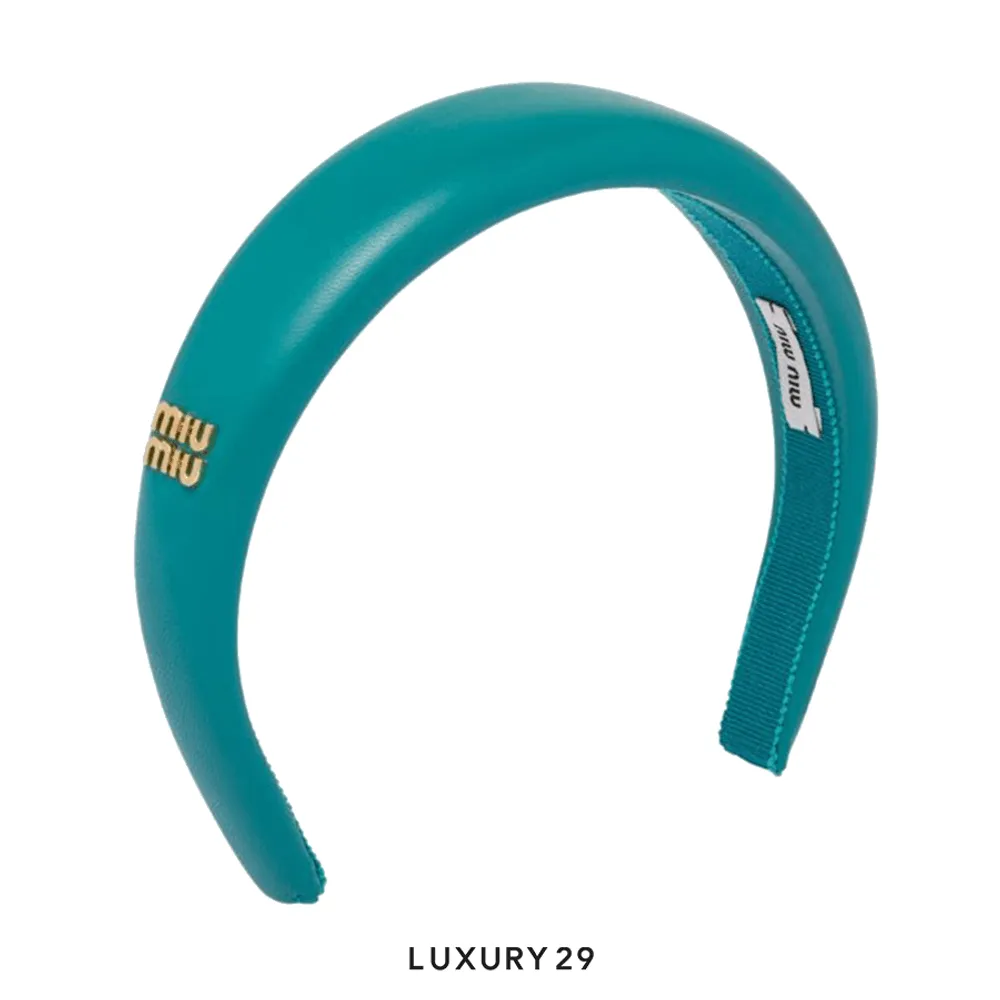 Miu Miu Nappa Leather Headband With Metal Lettering Logo Peacock Blue(Free Size, Blue)